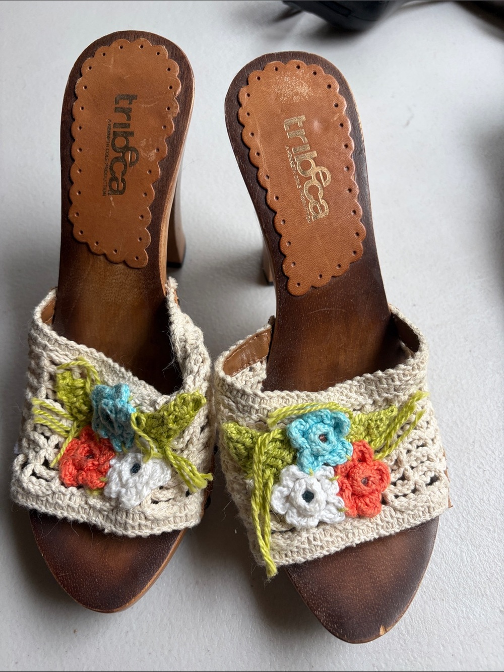 🌼 Vintage Tribeca Crochet Floral Wooden Heel Slide Sandals 🌼